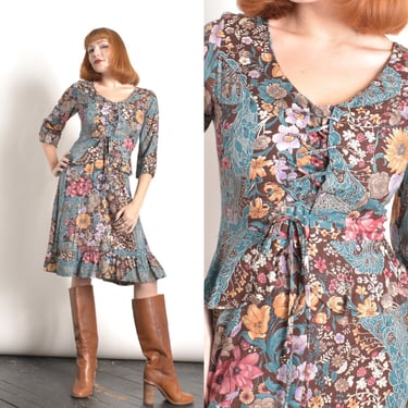 Vintage 1970s Dress / 70s Floral Lace Up Prairie Dress / Blue Brown Pink ( small S ) 