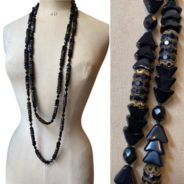 vintage 1920s style jet glass necklace extra long Diva 1980s costume jewelry 