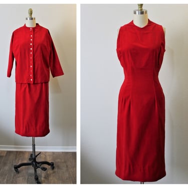 Vintage 1950s 50s Jonathan Logan Red SILK Velvet Wiggle Dress and Jacket  // Modern Size US 0 2 4 xs Small 