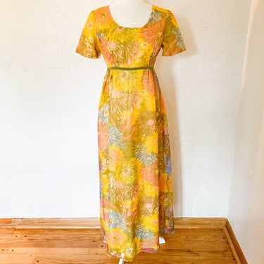 60s Golden Daisy Empire Waist Chiffon Dress | Small 