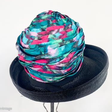 1960s Colorful High Crown Hat | 60s Green Pink Silk Print Hat | Pleated Silk Top Hat 