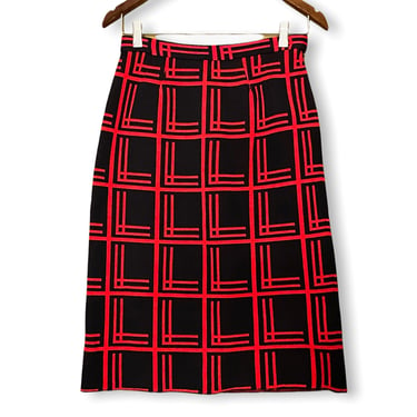 Black Knit Pencil Skirt with Red Geometric Print High Waist Style by Giuo Paoli 6/8 