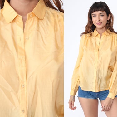 Yellow Silk Top Button Up Shirt 80s Puff Sleeve Blouse Preppy Feminine Simple Solid Collar Top Vintage 1980s Long Sleeve Shirt Medium 10 