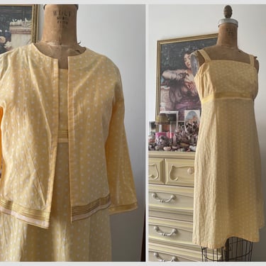 Vintage ‘70s handmade butter yellow polkadot sundress with matching jacket | lightweight cotton dress set, S 