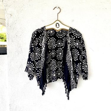 Vintage 90s Y2k Fringe Cardigan Crop Top Graphic Black Coverup Shirt 