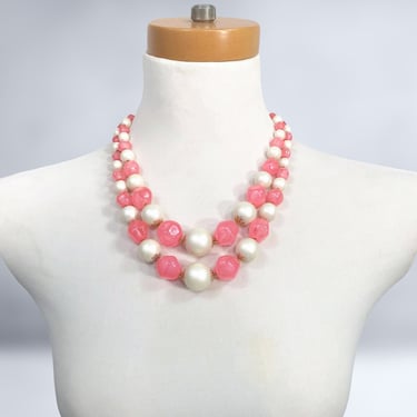 VINTAGE 50s Translucent Pink & Pearl 2 Strand Beaded Necklace Choker Hong Kong | 1950s Mid Century Bubble Gum Bib Necklace | VFG 