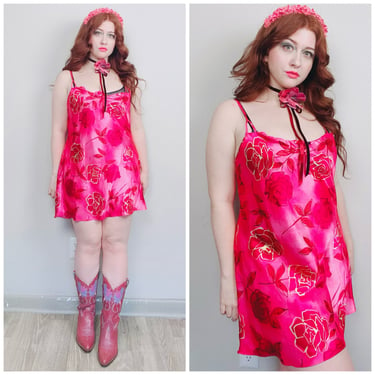 1990s Vintage La Intimates Pink Silky Slip Dress / 90s / Nineties Floral Rose Print Silk Poly Nightgown / Large - XL 