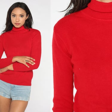 Knit Turtleneck Top 80s Red Sweater Long Sleeve Shirt High Neck Plain Simple Basic Top 1980s Tight Ribbed Vintage Knitwear Medium Large M L 