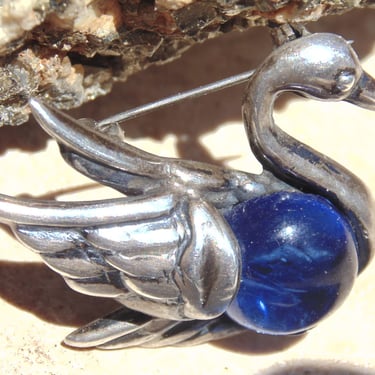 Villasana ~Mexican Sterling Silver and Blue Glass Bellied Swan Brooch c. 1955 