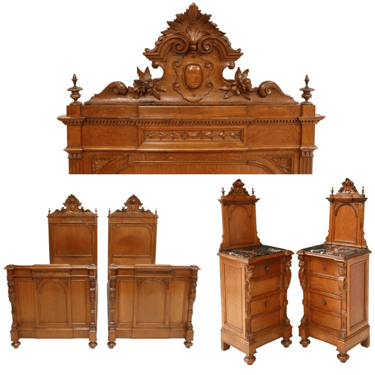 Antique Bed Set, Beds, Night Stands, Italian Carved Oak Aracaded, Pairs, 1800s!