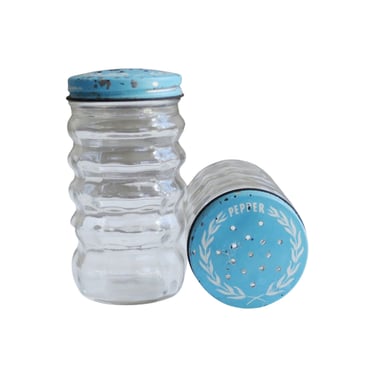 Mid-Century Fire King Glass Salt and Pepper Shakers with Turquoise Blue Lids, 1950s Anchor Hocking Shakers 