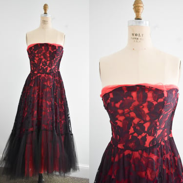 1950s Black Lace and Tulle Dress with Red Lining 