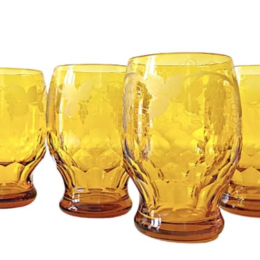 4 Large vintage amber glasses. 20 oz Georgian tumblers in harvest gold etched glass with honeycomb design. Retro water or beer goblets. 
