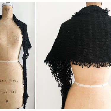 Authentic antique Victorian black wool crochet scarf | some unraveled edges, spooky, gothic, dark aesthetic, mourning clothes 