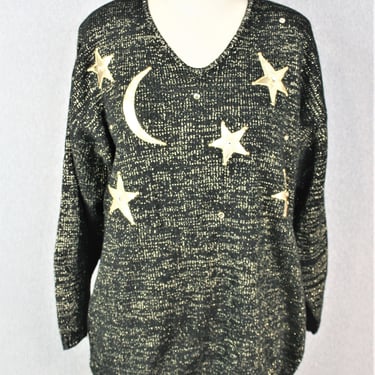 1980s - by CoverCharge - Black /Gold Metallic - Moon and Stars - Pullover Sweater - One Size Fits Many - Tunic Sweater 
