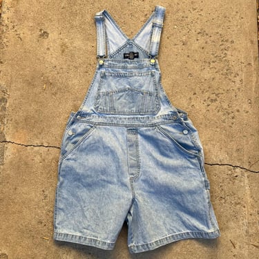 Vintage 90s Blue Denim Cotton Utility Cargo Baggy Fit Overall Shorts - Large 