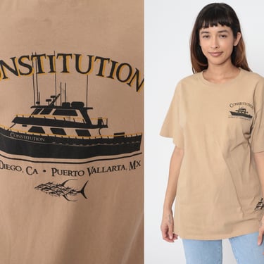 Constitution Sportfishing Boat Shirt Y2K San Diego Fishing TShirt Sailing Graphic Tee Nautical Aqua Bay Marine Tan Vintage 00s Medium Large 