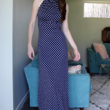 Cute Maxi Dress, Vintage 1970s Halter Dress, XS Women, Blue with White Polka Dots, Full Length, Lace Up Back 