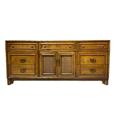 Vintage Faux Bamboo Dresser by Lane with 9 Drawers, Brass & Wicker Details - Hollywood Regency Chinoiserie Wood Furniture 
