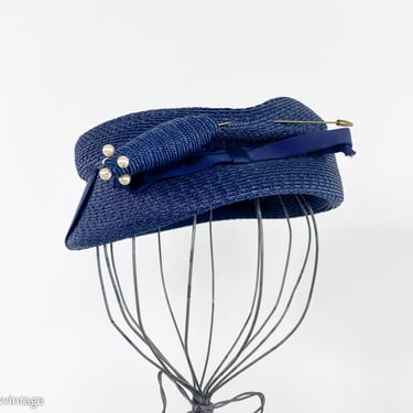 1950s Navy Woven Straw Hat | 50s Navy Woven Raffia Hat | Noreen Fashions 