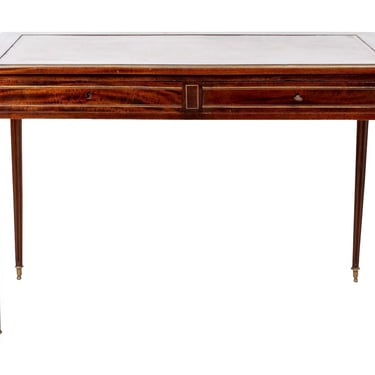Antique English Brown Leather Top Desk with Brass Accents