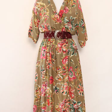 Olive Painterly Floral Tea Dress L