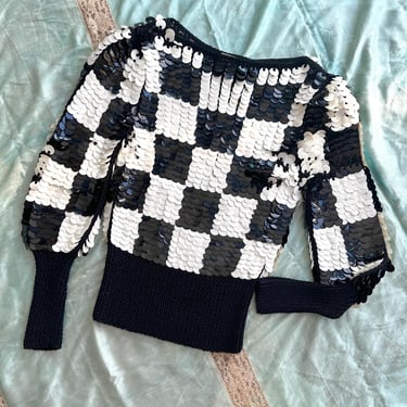 Vintage 1980s Sweater / 80s Nannell Checkered Paillette Sweater / Black White ( S M ) 