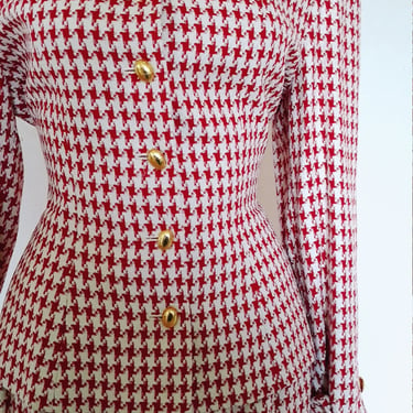 Vintage CHRISTIAN DIOR Houndstooth suit, women's vintage Chritian Dior suit, red and white tweed suit jacket skirt, s small 6, eur size 34 