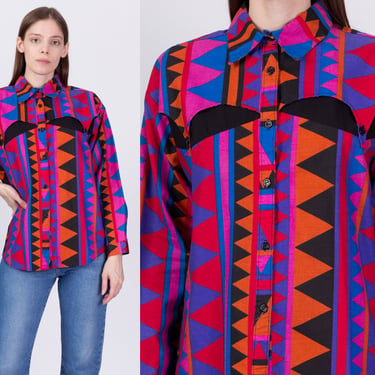 80s 90s Southwestern Print Collared Shirt - Medium | Vintage Colorful Button Up Long Sleeve Western Top 