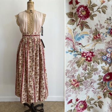 vintage 1970s Ralph lauren floral cotton skirt, novelty print birds, high waist full skirt, cottagecore style, 27 waist, prairie style 