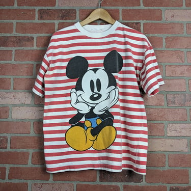 Vintage 90s Double Sided Striped Disney Mickey Mouse ORIGINAL Graphic Tee - Large 