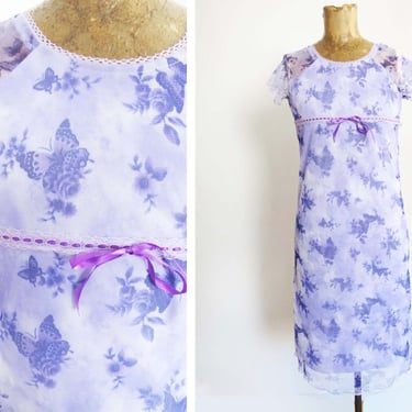 Y2K 2000s Butterfly Dress XS - Lavender Purple Mesh Sheath Dress - Bodycon Fitted Empire Waist Vintage Dress 