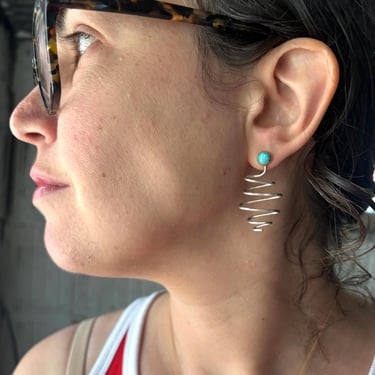 Turquoise and Sterling Silver Spiral Stud Drops Handmade Abstract One of a Kind Earrings 