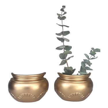 Pair of Vintage HOMCO Gold Wall Planters Flower Sconces | Boho Chic Dimensional Wall Mount Garden Décor 