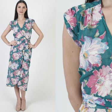 Foxy Lady Wrap Dress, Tropical Floral Sundress, Belted Waist, Lightweight Vacation Midi, Size 9 10 