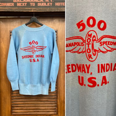 Vintage 1960’s Indianapolis Motor Speedway Indy 500 Flocked NHRA Drag Race Sweatshirt, 60’s Vintage Clothing 
