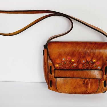1970s Brown Hippie Shoulder Bag in Distressed Tooled Leather w-Colorful Flowers 
