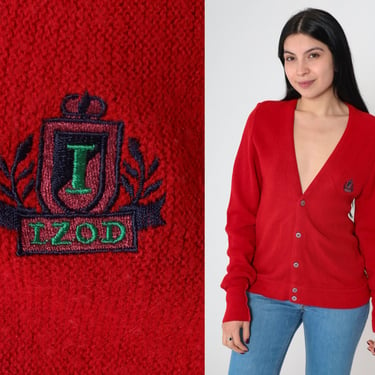 Red Izod Cardigan Sweater 80s 90s Deep V Neck Sweater Crest Acrylic Knit Plain Button Up Slouchy Vintage 1990s Simple Preppy Retro Small 