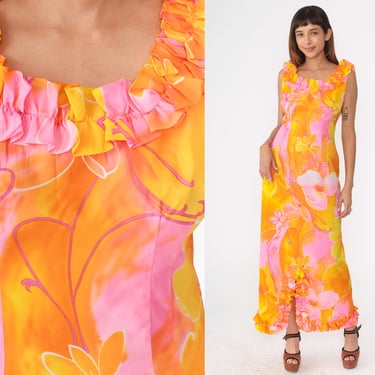 70s Hawaiian Maxi Dress Ruffled Floral Print Hippie Yellow Pink Orange Dress Boho Sleeveless Tropical Pattern 1970s Bohemian Long Medium 