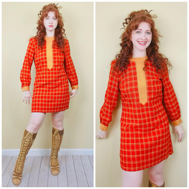 1960s Vintage Yankee Pedlar Mod Linen Mini Dress / 60s Red and Yellow Plaid Gogo Dess / Medium / Large 