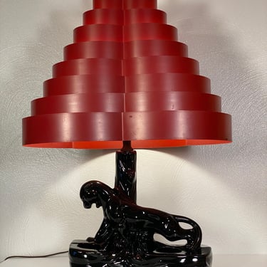 HOLD for Heather - 1950's Ceramic Black Panther Lamp with Red Metal Shade - FREE SHIPPING. 