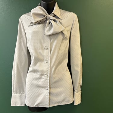 dove gray bow blouse 1970s secretary ascot button down large 