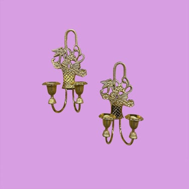 Vintage Candle Wall Sconce Set Retro 1980s Hampton + Brass Metal + Double Candle Holder + Flowers in Basket + Set of 2 + Candlestick Decor 