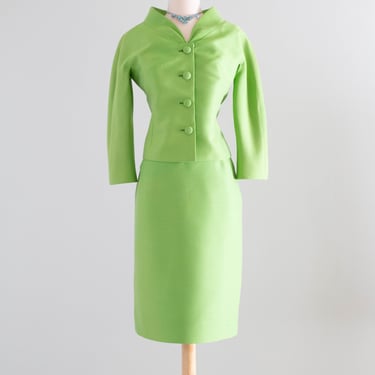 Elegant 1960's Lilli Ann Suit in Parrot Green Shantung Silk / Medium