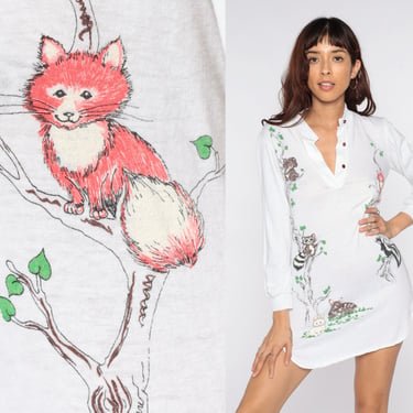 80s Pajama Dress Animal Nightgown Rabbit Fox Deer Bear Nightie White Long sleeve Henley Retro Tshirt 1980s Kawaii Mini Small S 