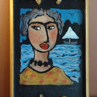 Vintage Hand Painted Wood Bistro Tray Chic Woman Seascape Portrait Original Art 10x14 