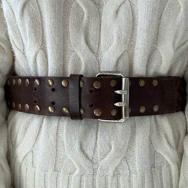 Vintage Womens Brown 100% Leather Studded Wide Hippie Waist Belt Sz M 