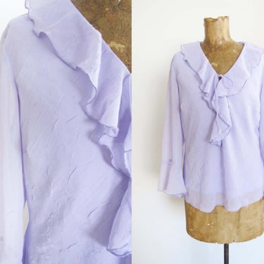 2000s Y2K Crinkle Blouse M - Lavender Purple Ruffle Neck Wrinkle Shirt - Bell Sleeve Pastel Aesthetic Top 