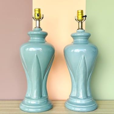 Pair of Seafoam Palm Leaf Lamps