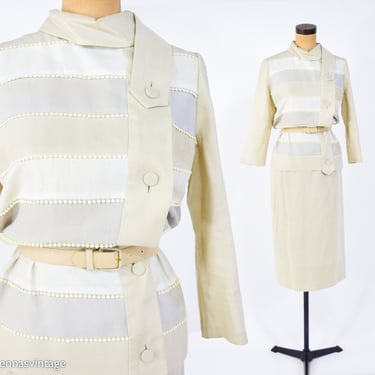 1950s Beige Stripe Linen Suit Skirt Set | 50s Creme Linen Suit Set | Helen of California | Medium 